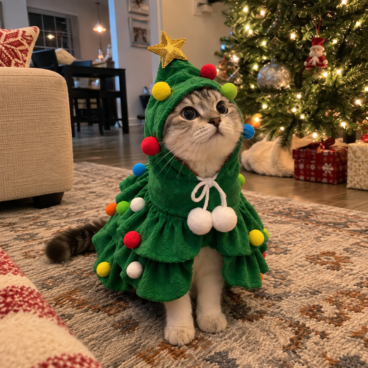 Cat wearing the green Christmas tree pet costume with gold star and pom-poms