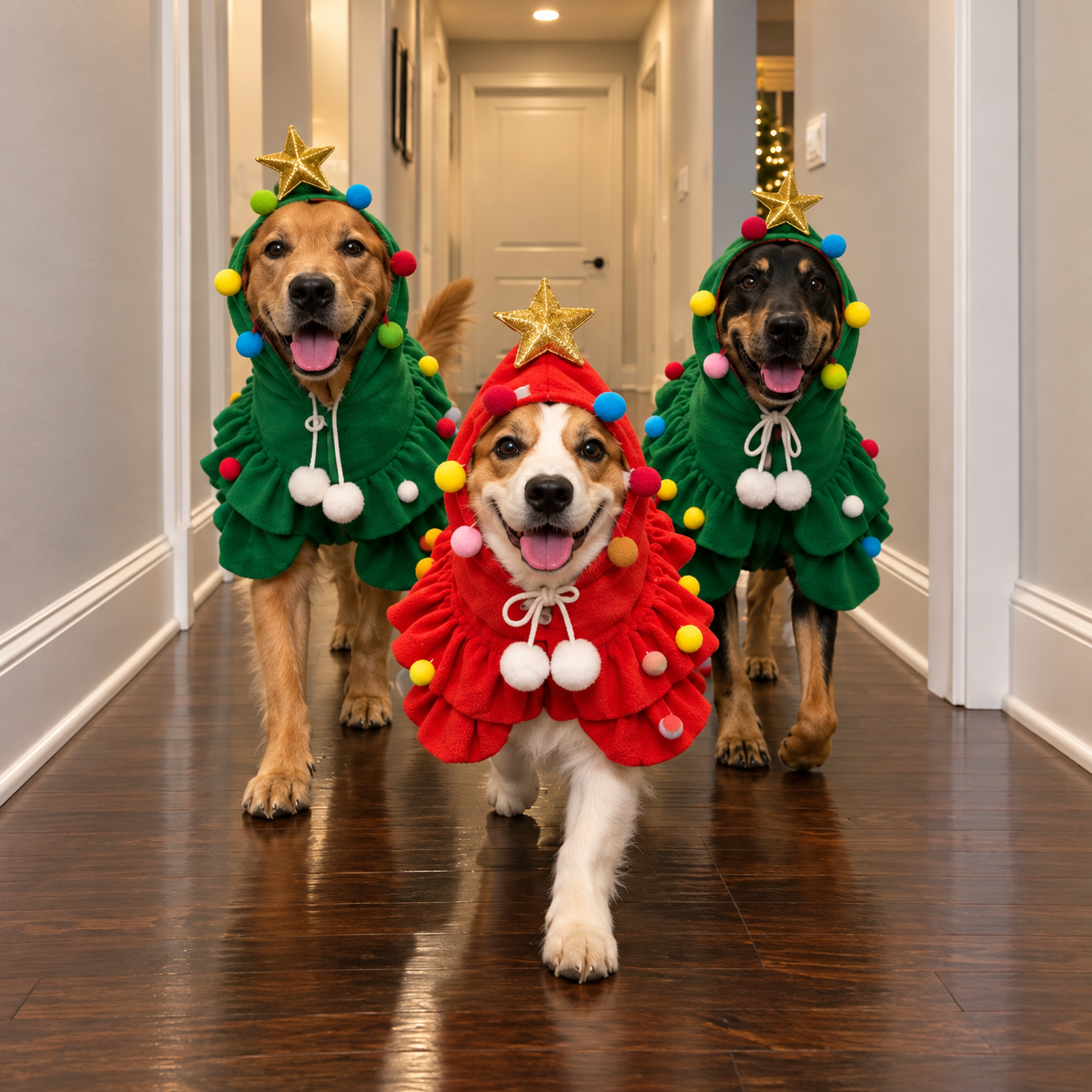 Three dogs walking in Christmas tree costumes, green and red versions