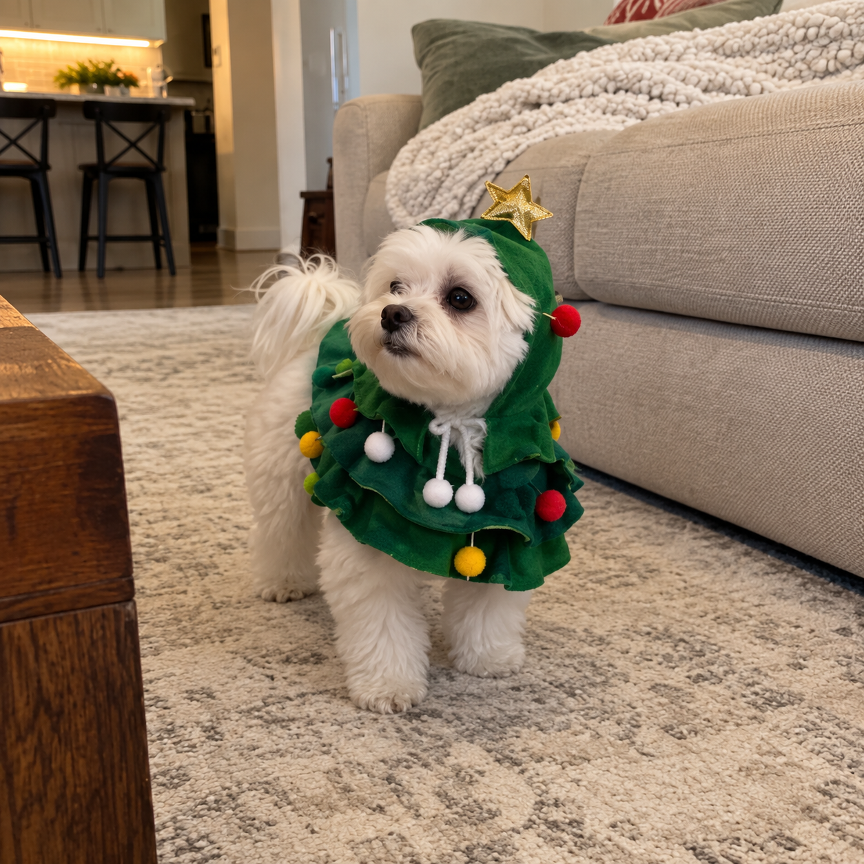 Small white dog wearing the green Christmas tree costume, side view