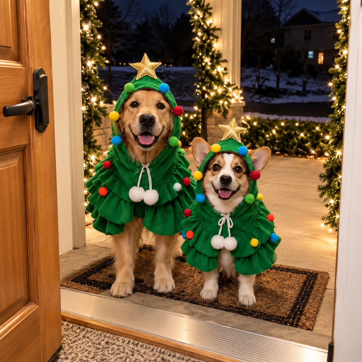 Two dogs in green Christmas tree costumes greeting at a festively lit doorway