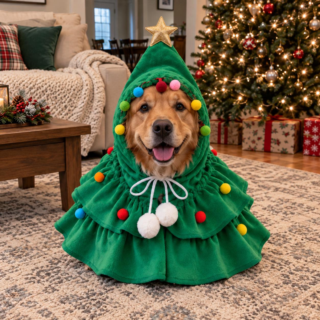 Golden retriever dog wearing the green Christmas tree costume